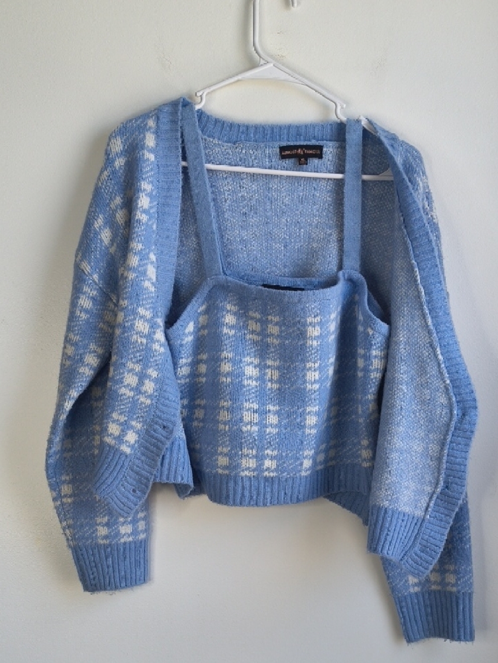 Almost Famous Blue and White Plaid V-Neck Button Cardigan/Cami Set - Picture 2 of 4